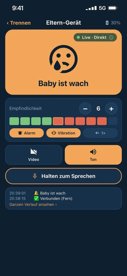 Elterngerät: Alarm «Baby ist wach» mit Gegensprechen